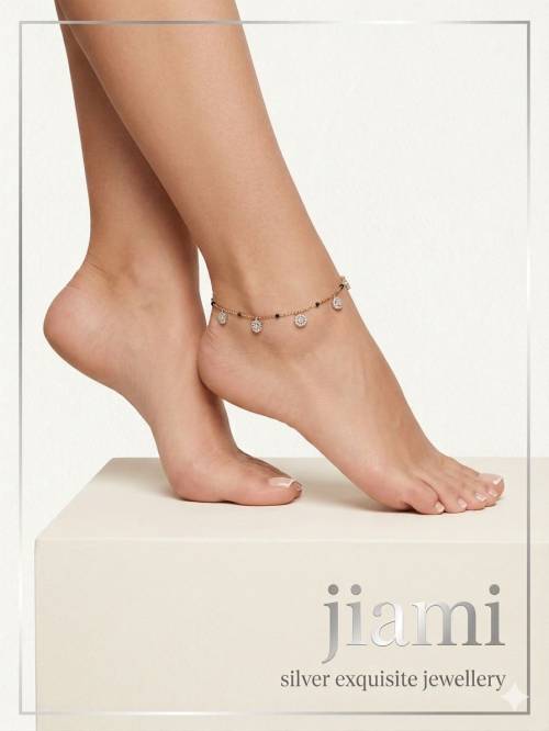 Black Bead Floral Charm Anklet